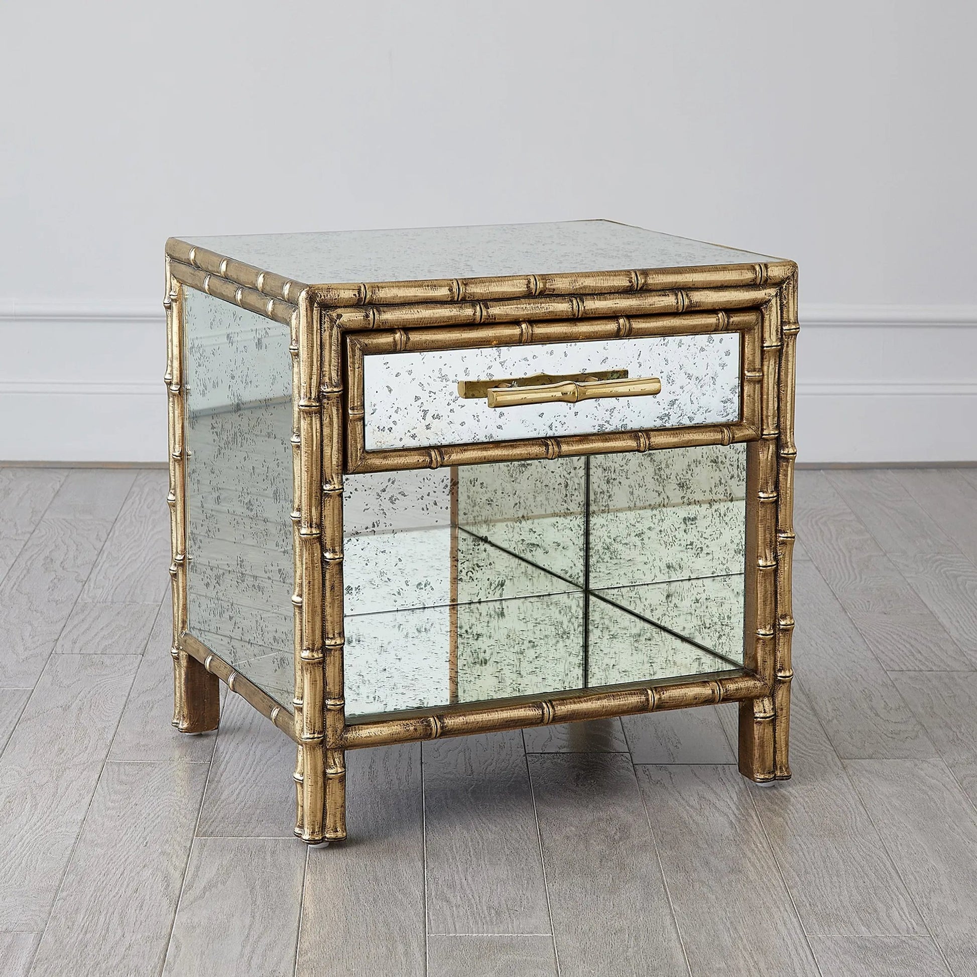 Bamboo Bedside Chest by Global Views. Made from mango wood, mdf, brass in a rustic style.