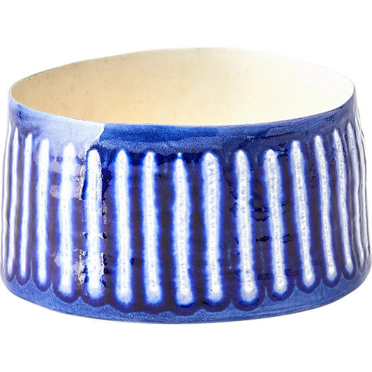 Striped Organic Pot by Global Views in cobalt. Made from ceramic in a unique style.