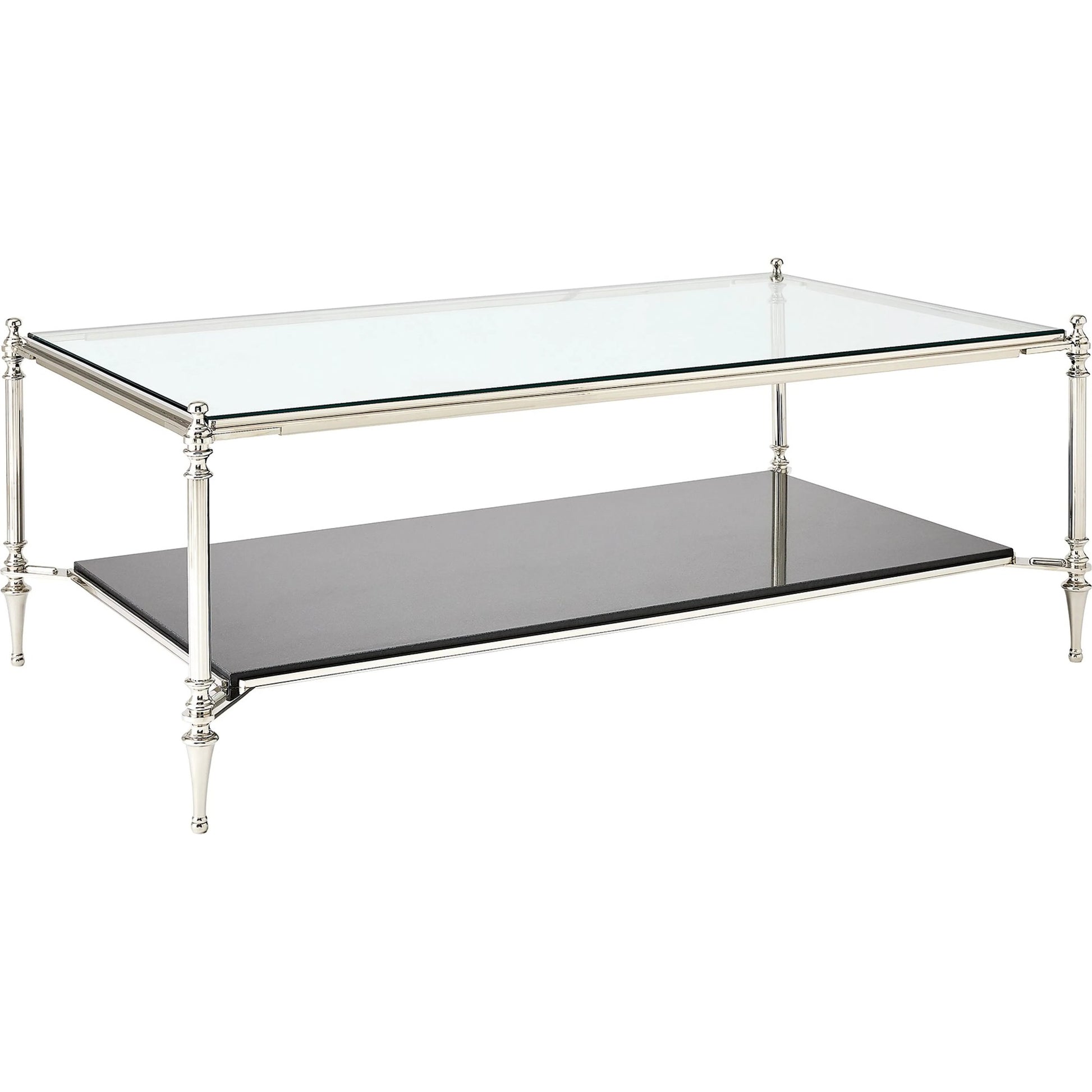 Medford Cocktail Table by Global Views in nickel. Made from brass, iron, stainless steel, glass, granite in a unique style.