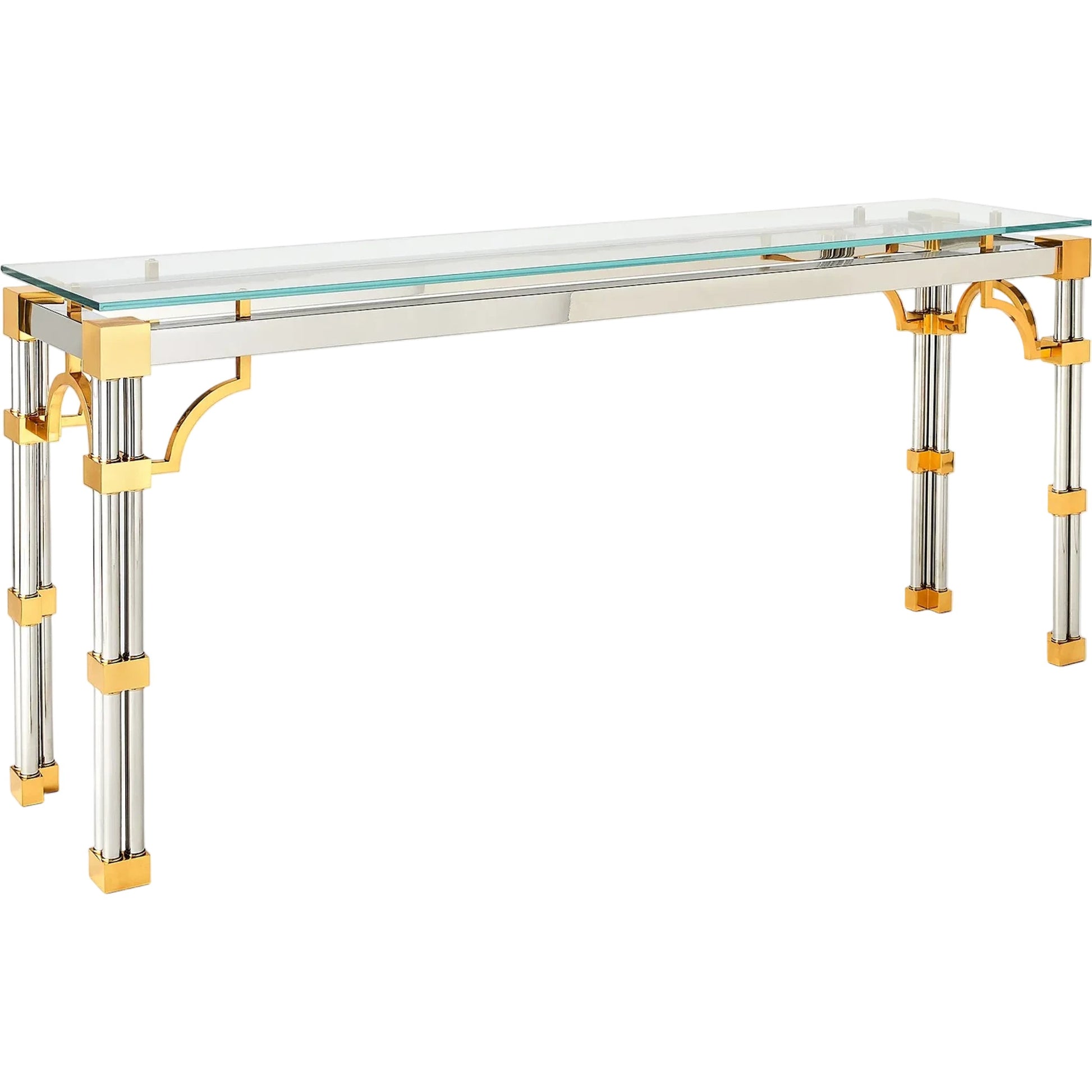 Tri-Column Console by Global Views in column console table. Made from brass, stainless steel in a modern style.