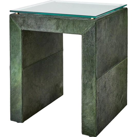 Posh Side Table by Global Views in hair. Made from mdf, hair on leather, brass, tempered glass in a unique style.
