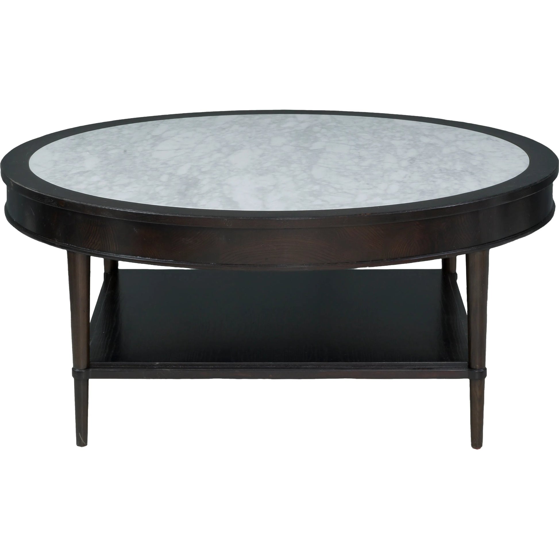 Westwood Round Cocktail Table by Fairfield Chair in brown and graphite. Made from ash solids, veneers in a modern style.