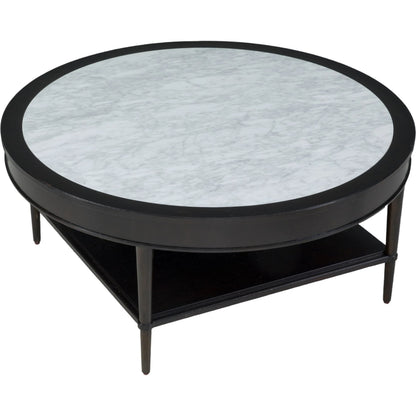 Westwood Round Cocktail Table by Fairfield Chair in brown and graphite. Made from ash solids, veneers in a modern style.