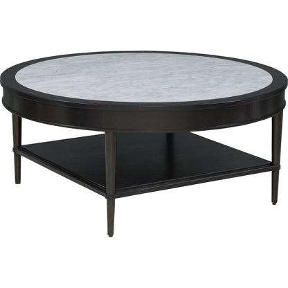 Westwood Round Cocktail Table by Fairfield Chair in brown and graphite. Made from ash solids, veneers in a modern style.