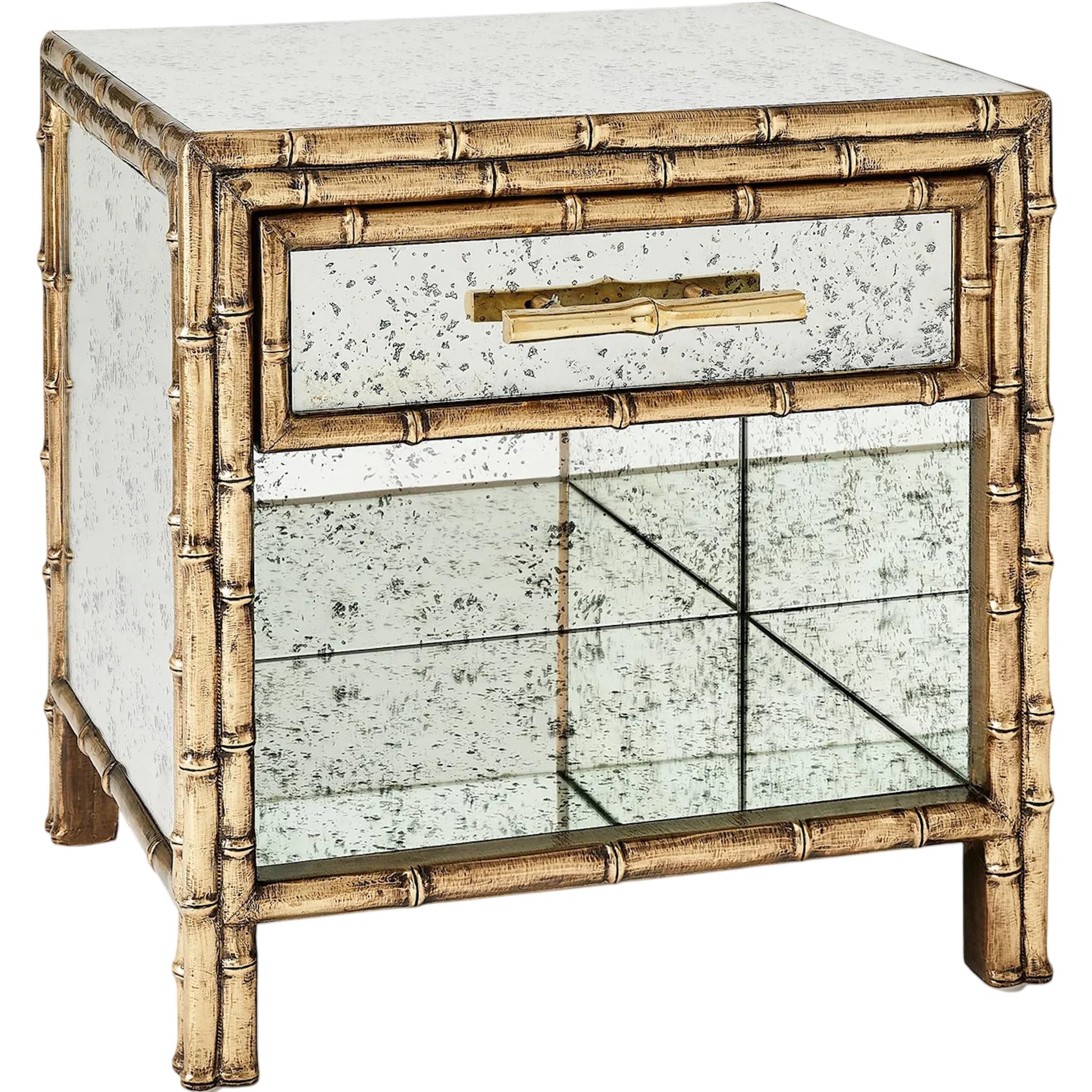 Bamboo Bedside Chest by Global Views. Made from mango wood, mdf, brass in a rustic style.