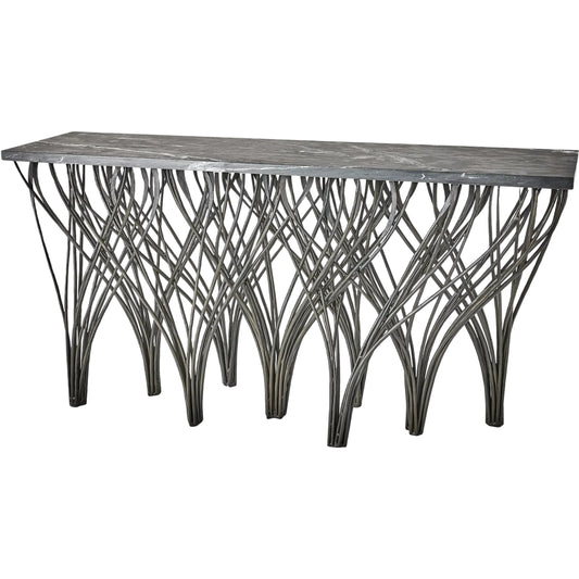 Vector Console by Global Views in natural iron with black marine leather marble. Made from iron, black marine leather marble in a unique style.