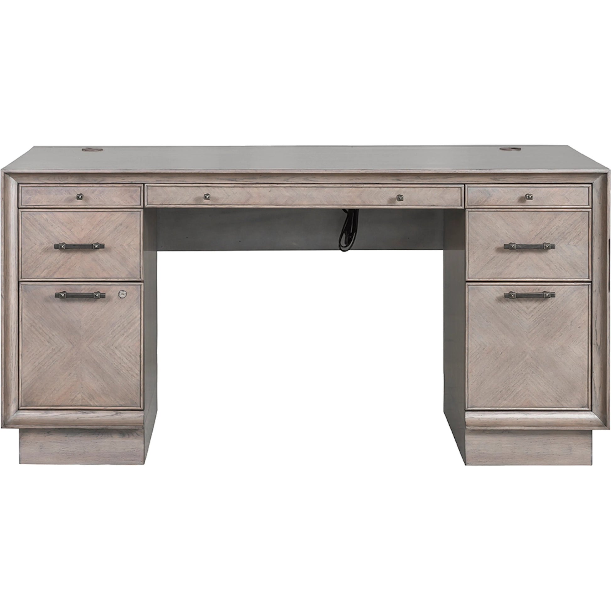 Expedition Pedestal Desk by Fairfield Chair in brown and grecian clay. Made from figured eucalyptus, oak solids in a unique style.