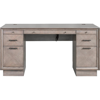 Expedition Pedestal Desk by Fairfield Chair in brown and grecian clay. Made from figured eucalyptus, oak solids in a unique style.