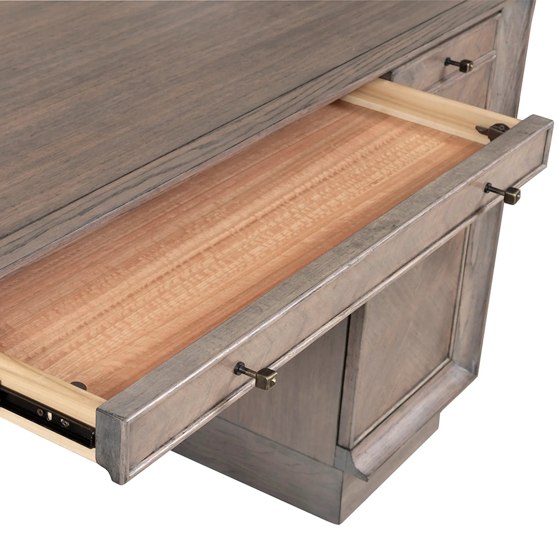 Expedition Pedestal Desk by Fairfield Chair in brown and grecian clay. Made from figured eucalyptus, oak solids in a unique style.