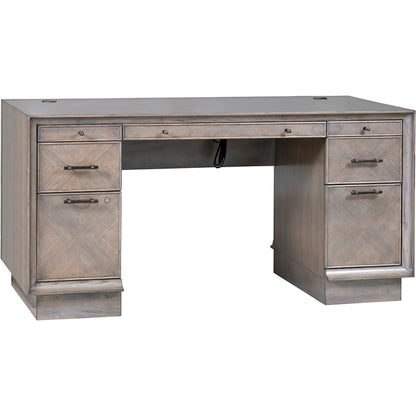 Expedition Pedestal Desk by Fairfield Chair in brown and grecian clay. Made from figured eucalyptus, oak solids in a unique style.