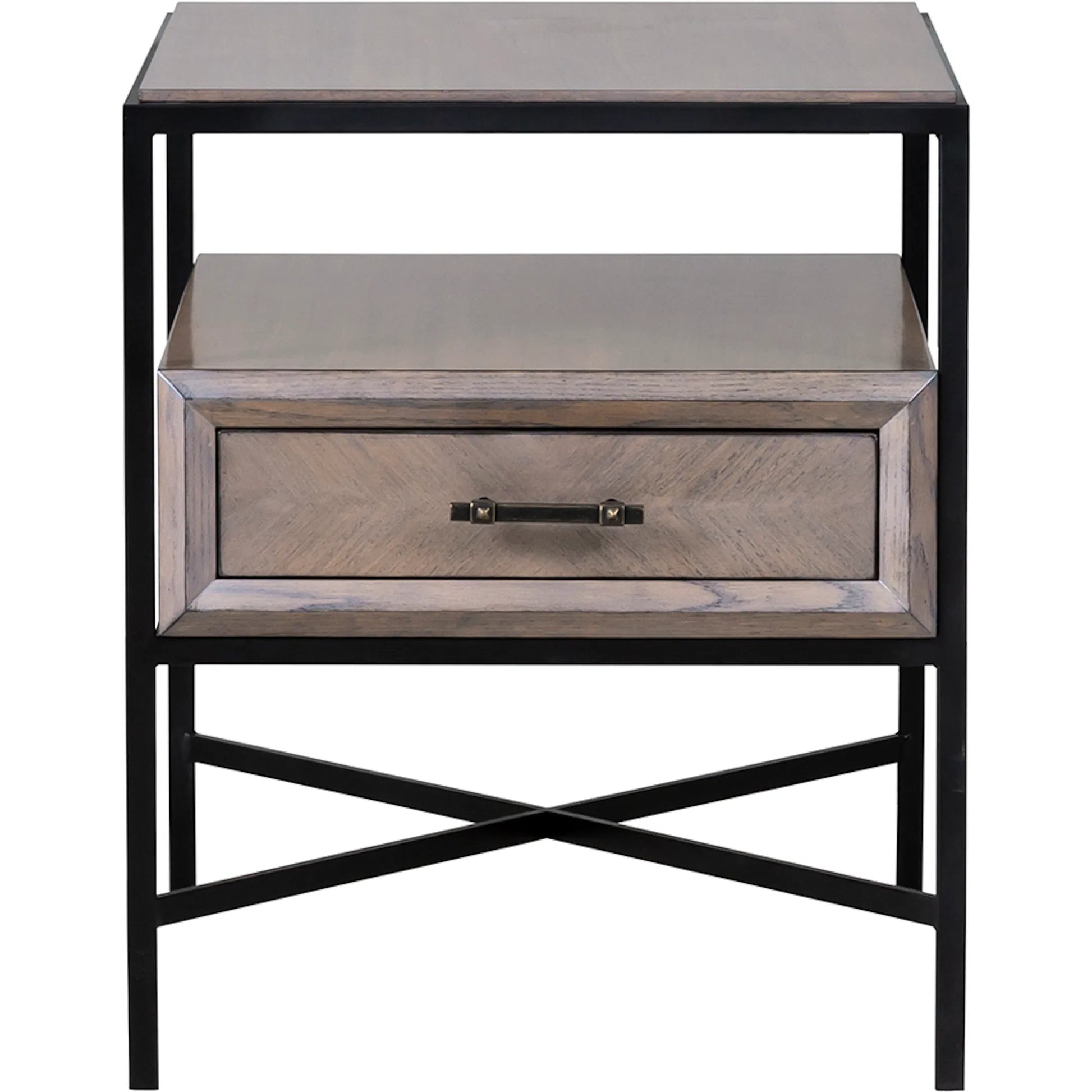 Expedition End Table by Fairfield Chair in brown and grecian clay. Made from figured eucalyptus, oak solids, cast iron base in a unique style.
