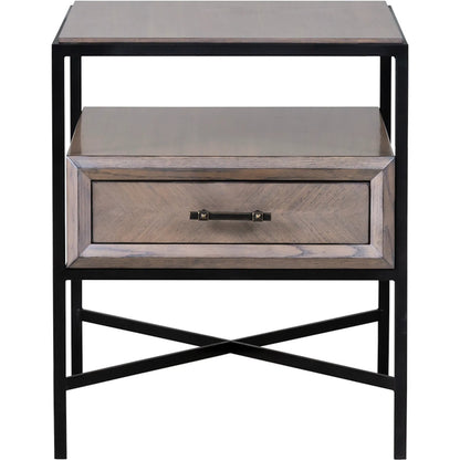 Expedition End Table by Fairfield Chair in brown and grecian clay. Made from figured eucalyptus, oak solids, cast iron base in a unique style.