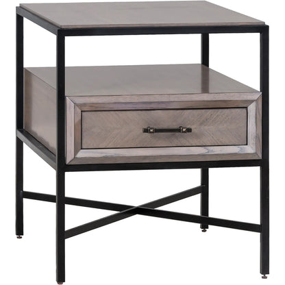 Expedition End Table by Fairfield Chair in brown and grecian clay. Made from figured eucalyptus, oak solids, cast iron base in a unique style.