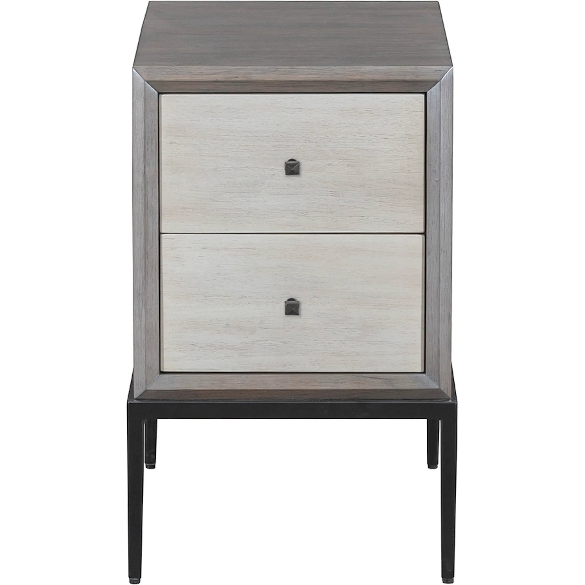 Expedition 2-Drawer End Table by Fairfield Chair in brown and grecian clay. Made from figured eucalyptus, oak solids, cast iron base in a unique style.