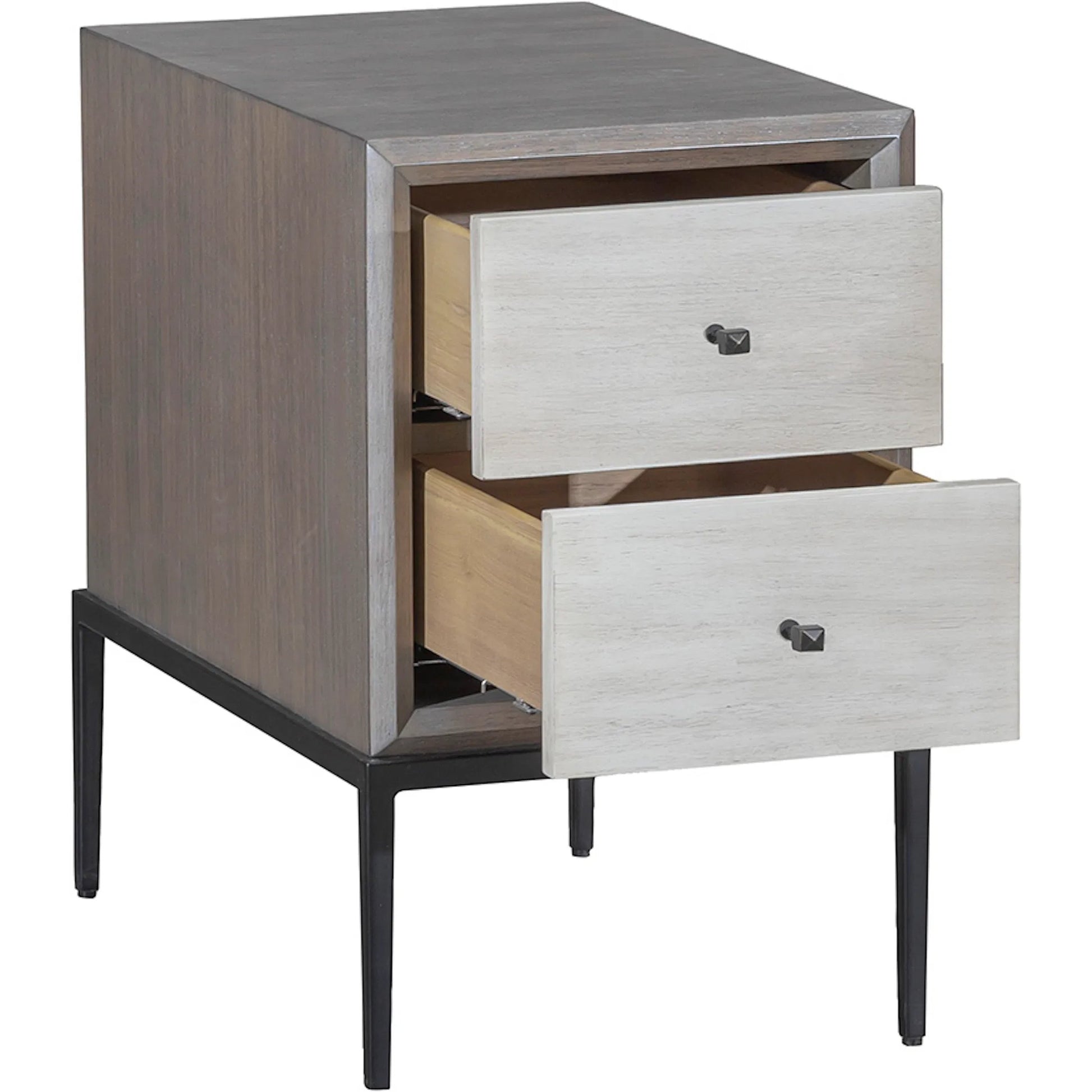 Expedition 2-Drawer End Table by Fairfield Chair in brown and grecian clay. Made from figured eucalyptus, oak solids, cast iron base in a unique style.