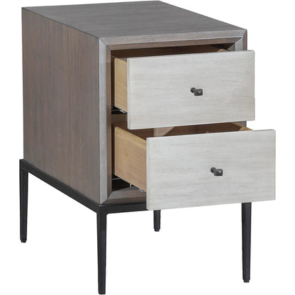 Expedition 2-Drawer End Table by Fairfield Chair in brown and grecian clay. Made from figured eucalyptus, oak solids, cast iron base in a unique style.