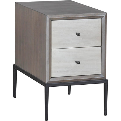 Expedition 2-Drawer End Table by Fairfield Chair in brown and grecian clay. Made from figured eucalyptus, oak solids, cast iron base in a unique style.