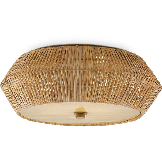 Antibes Flush Mount by Currey and Company in natural, honey beige. Made from rattan, art glass in a coastal style.
