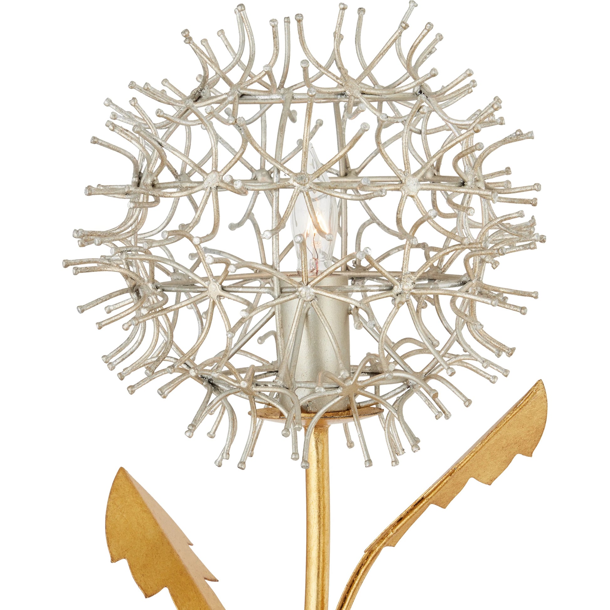 Dandelion Wall Sconce by Currey and Company in contemporary silver leaf, silver, contemporary gold leaf. Made from wrought iron in a modern style.
