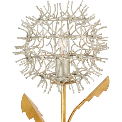 Dandelion Wall Sconce by Currey and Company in contemporary silver leaf, silver, contemporary gold leaf. Made from wrought iron in a modern style.