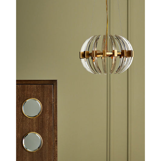Coquette Small Brass Chandelier by Currey and Company in clear, antique brass. Made from optic crystal, metal in a modern style.