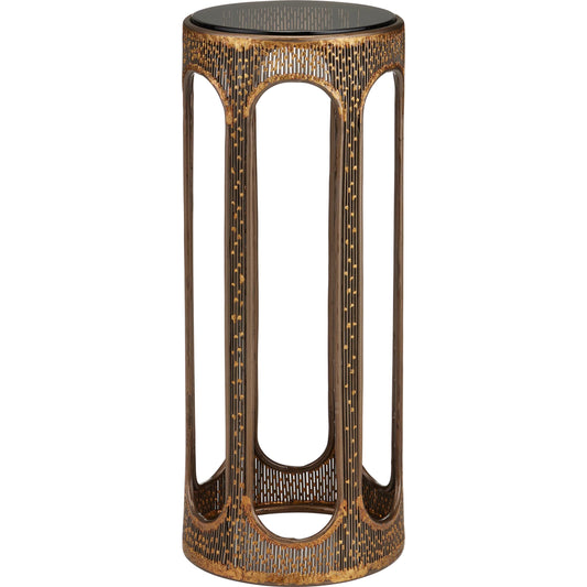 Capella Accent Table by Currey and Company in coffee bronze, smoke. Made from metal, brass, glass in a modern style.