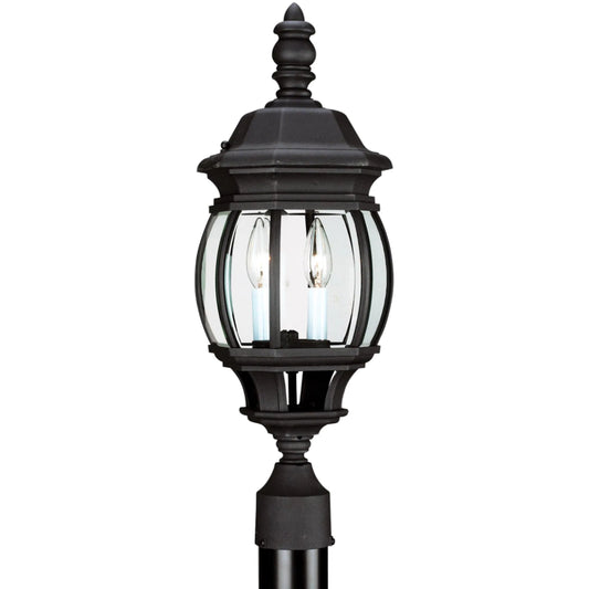 Wynfield Two Light Outdoor Post Lantern by Visual Comfort & Co. in black. Made from die cast aluminum in a unique style.
