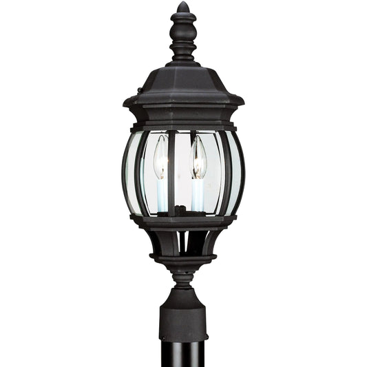 Wynfield Two Light Outdoor Post Lantern by Visual Comfort & Co. in black. Made from die cast aluminum in a unique style.