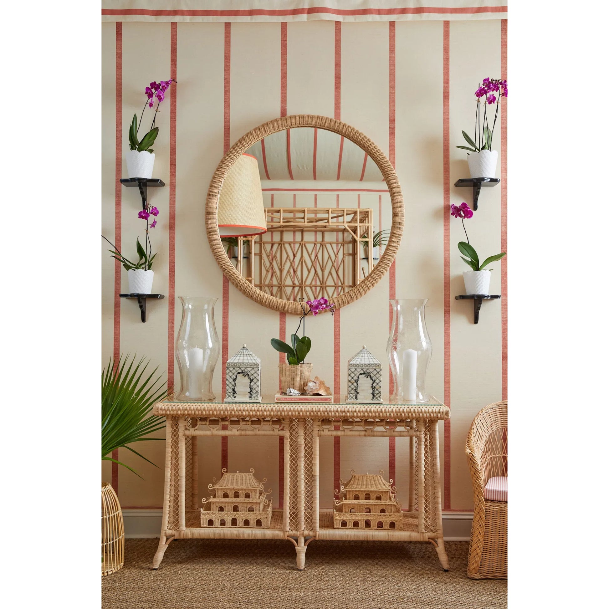 Dunmore Round Wicker Mirror by Chelsea House in tan. Made from rattan in a transitional style.