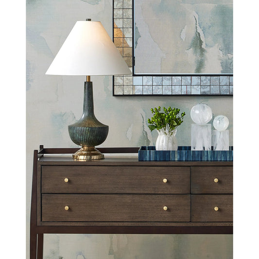 Djinn Table Lamp by Currey and Company in verdigris, antique brass. Made from cast aluminum in a eclectic & global style.