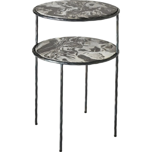 Registrar Tiered Table by Global Views in gunmetal. Made from iron, grey baloon marble in a unique style.
