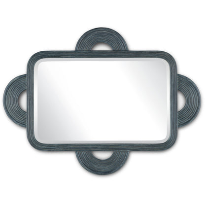 Santos Rectangular Mirror by Currey and Company in navy. Made from rattan, mahogany, glass in a modern style.