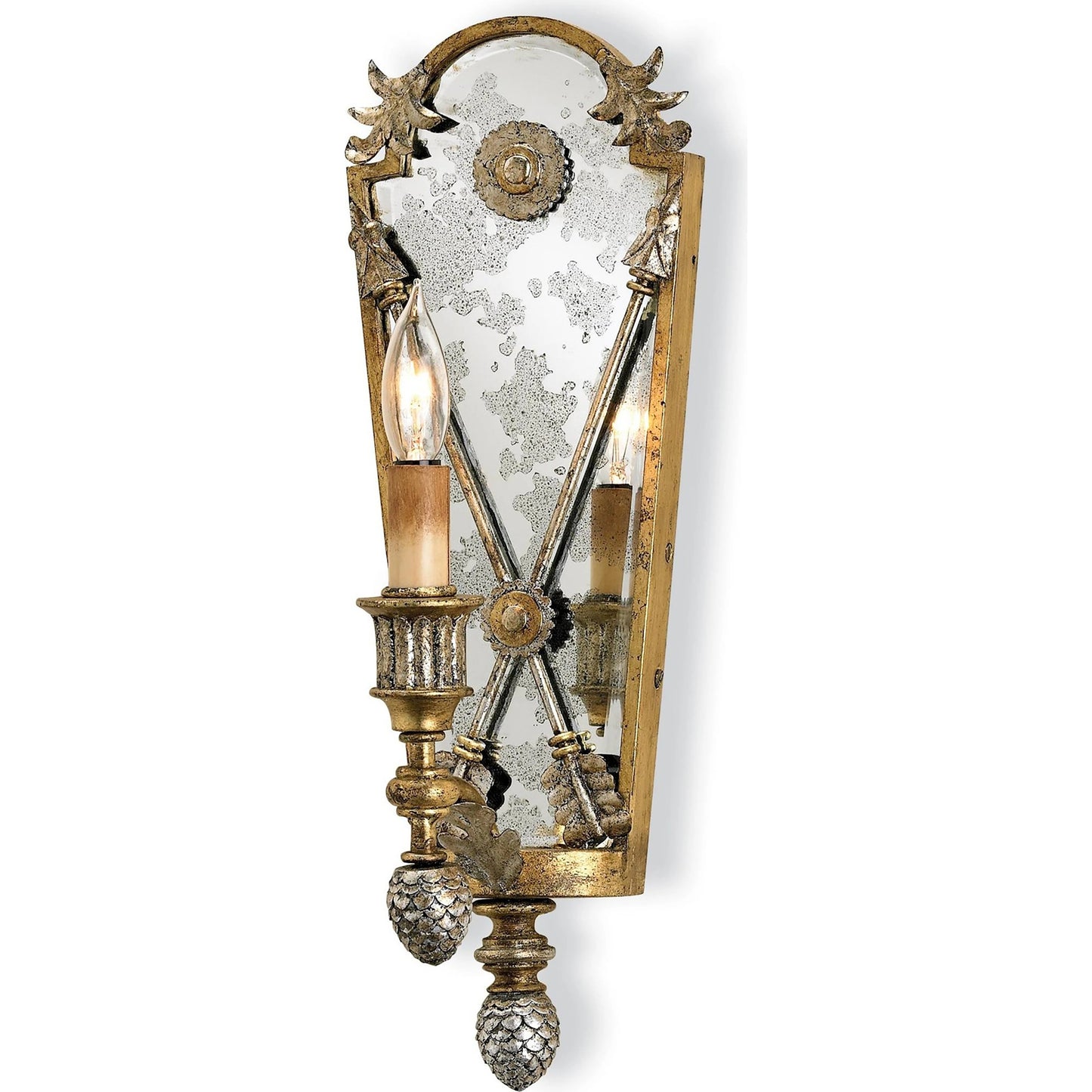 002 S-222958 | Primary Silo | Napoli Wall Sconce 1L by Currey and Company in gold leaf, majestic silver leaf. Made from wrought iron, composite, mirror in a traditional style.