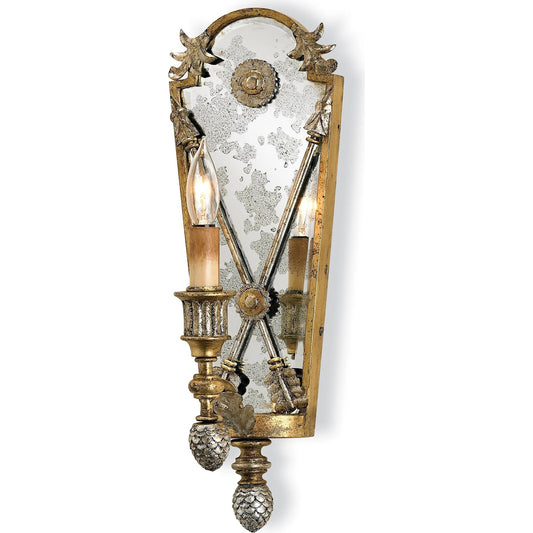 Napoli Wall Sconce 1L by Currey and Company in gold leaf, majestic silver leaf. Made from wrought iron, composite, mirror in a traditional style.