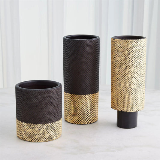 Java Footed Vase by Global Views in matte black and gold. Made from unique in a modern style.