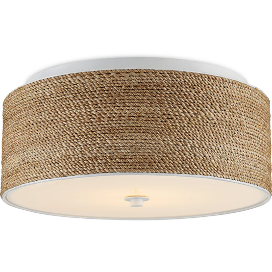 Coulton Flush Mount by Currey and Company in sugar white, natural. Made from wrought iron, abaca rope, acrylic diffuser in a coastal style.