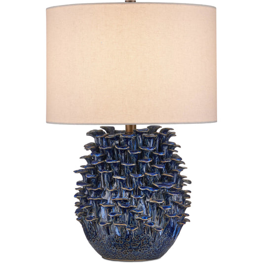 Maitake Table Lamp by Currey and Company in dark blue reactive. Made from ceramic in a unique style.