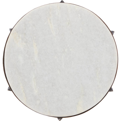 Helios Drinks Table by Currey and Company in antique black, white. Made from wrought iron, marble in a transitional style.