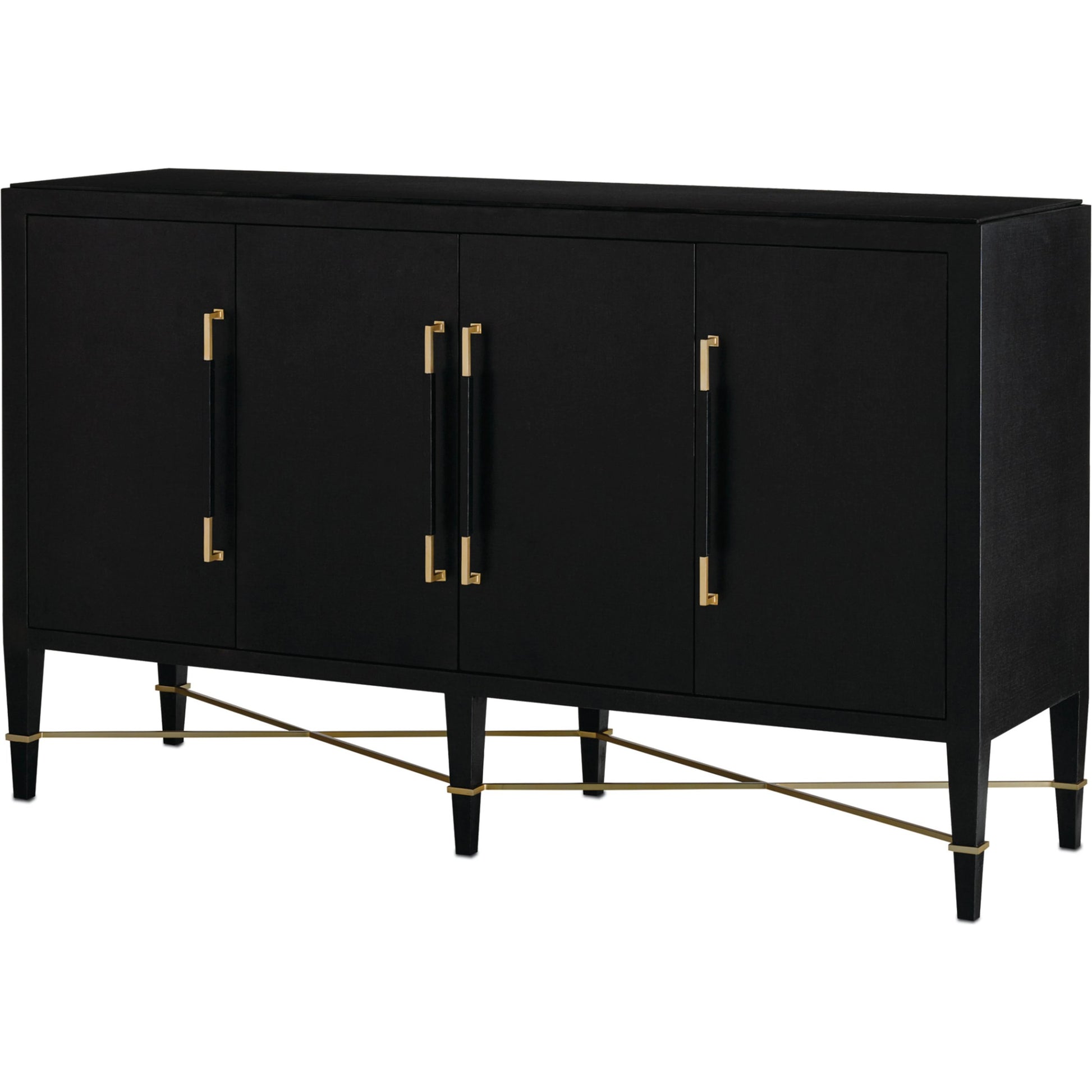 Verona Sideboard by Currey and Company in black lacquered linen, champagne stretchers, linen wrapped cha. Made from solid wood, engineered hardwood in a transitional style.