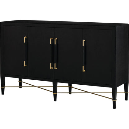 Verona Sideboard by Currey and Company in black lacquered linen, champagne stretchers, linen wrapped cha. Made from solid wood, engineered hardwood in a transitional style.