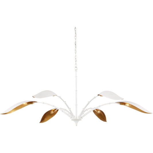 Yuriko Chandelier by Currey and Company in gesso white, contemporary gold leaf. Made from wrought iron in a modern style.