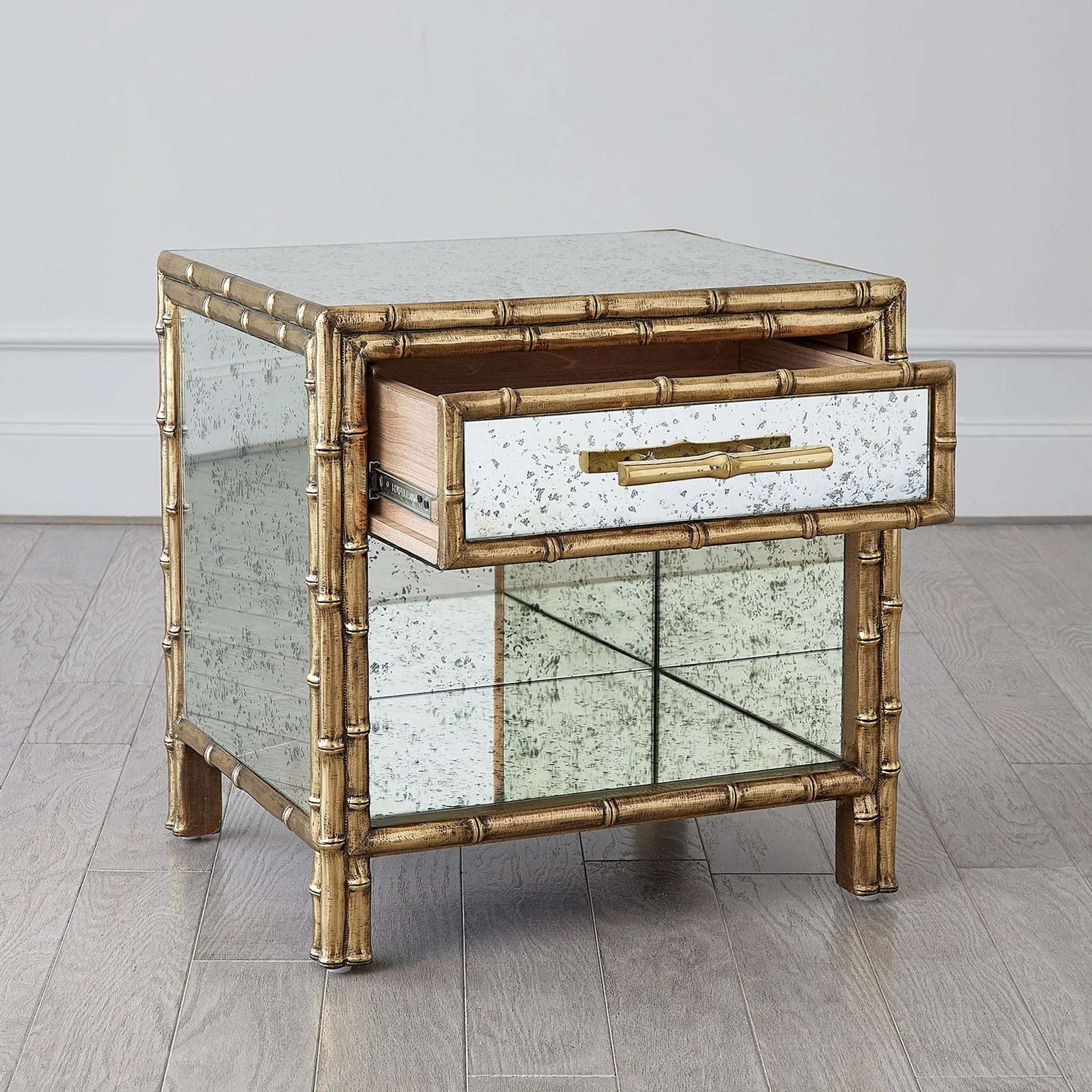 Bamboo Bedside Chest by Global Views. Made from mango wood, mdf, brass in a rustic style.