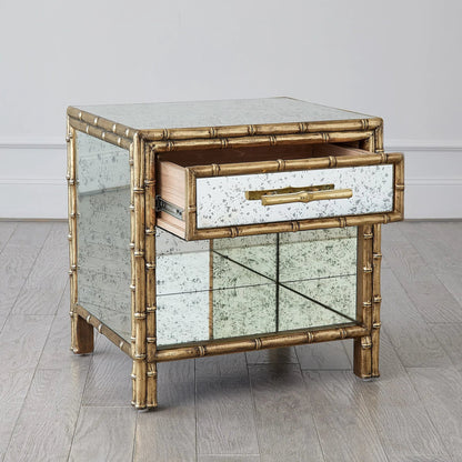 Bamboo Bedside Chest by Global Views. Made from mango wood, mdf, brass in a rustic style.