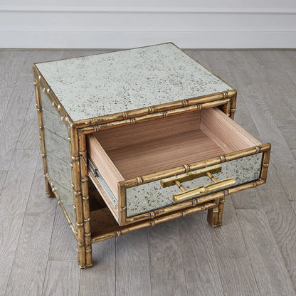 Bamboo Bedside Chest by Global Views. Made from mango wood, mdf, brass in a rustic style.