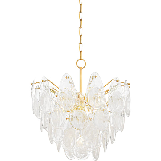Darcia Chandelier by Hudson Valley in aged brass. Made from steel, brass in a unique style.