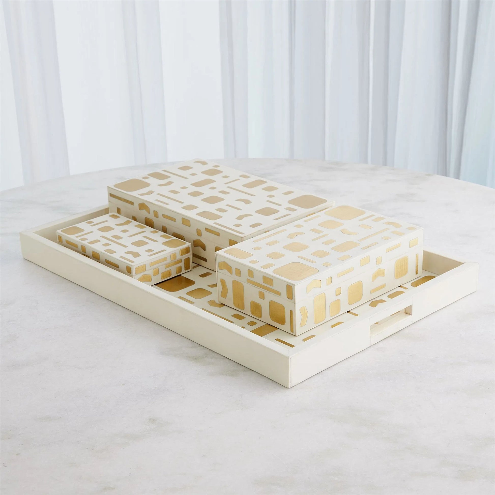 Brass Jali Box Tray by Global Views. Made from mdf, resin, brass in a modern style.