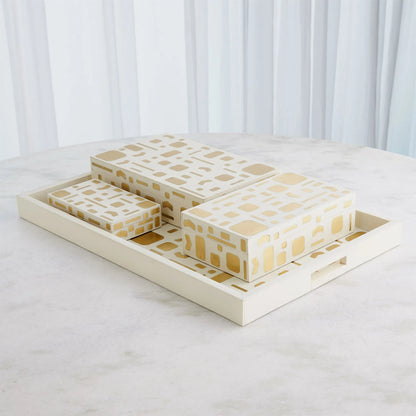 Brass Jali Box Tray by Global Views. Made from mdf, resin, brass in a modern style.