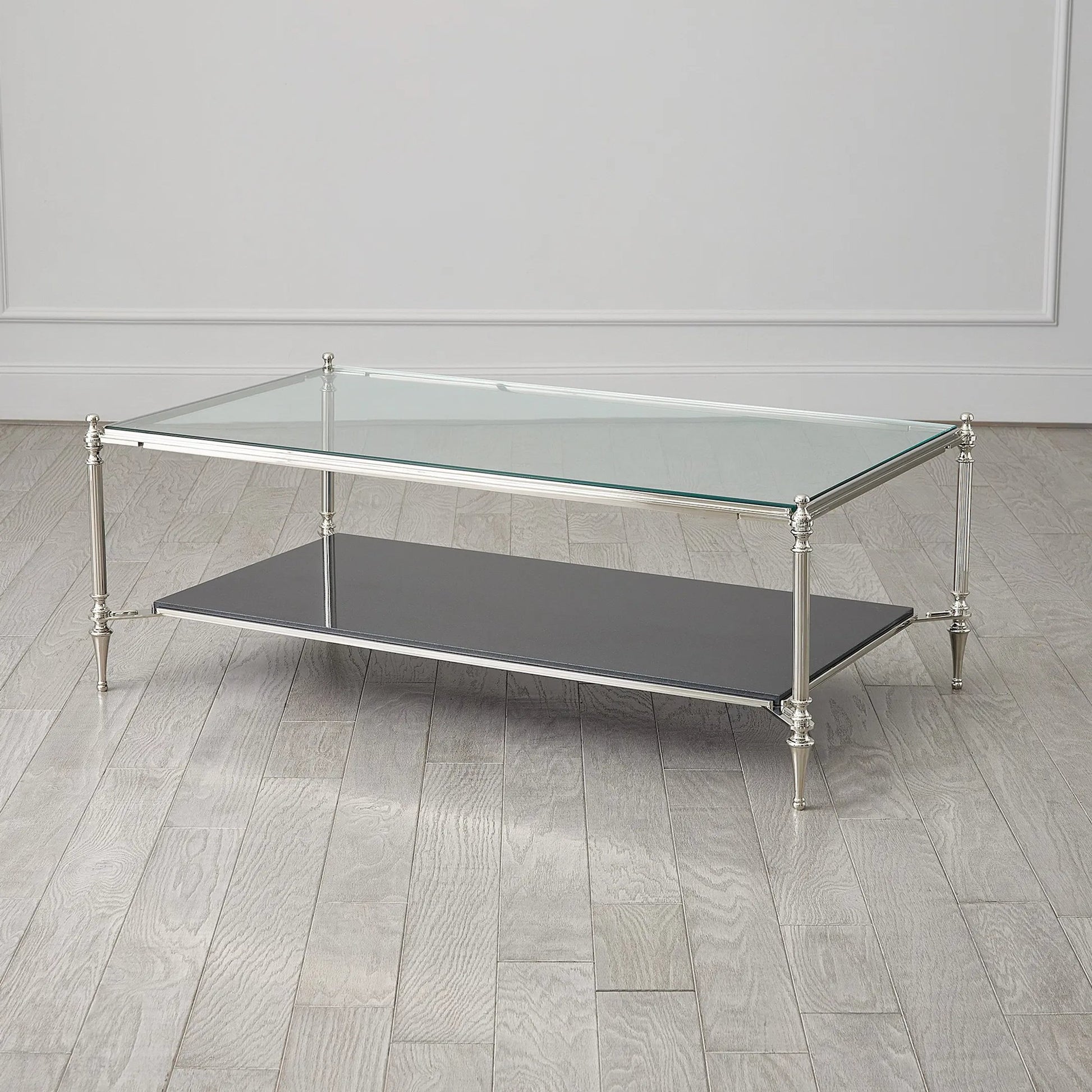 Medford Cocktail Table by Global Views in nickel. Made from brass, iron, stainless steel, glass, granite in a unique style.