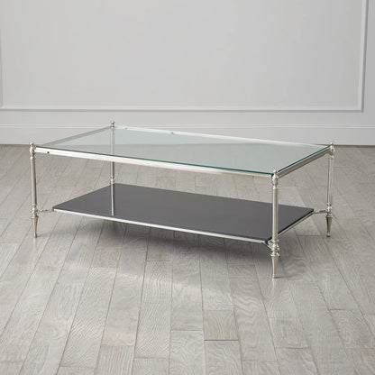 Medford Cocktail Table by Global Views in nickel. Made from brass, iron, stainless steel, glass, granite in a unique style.