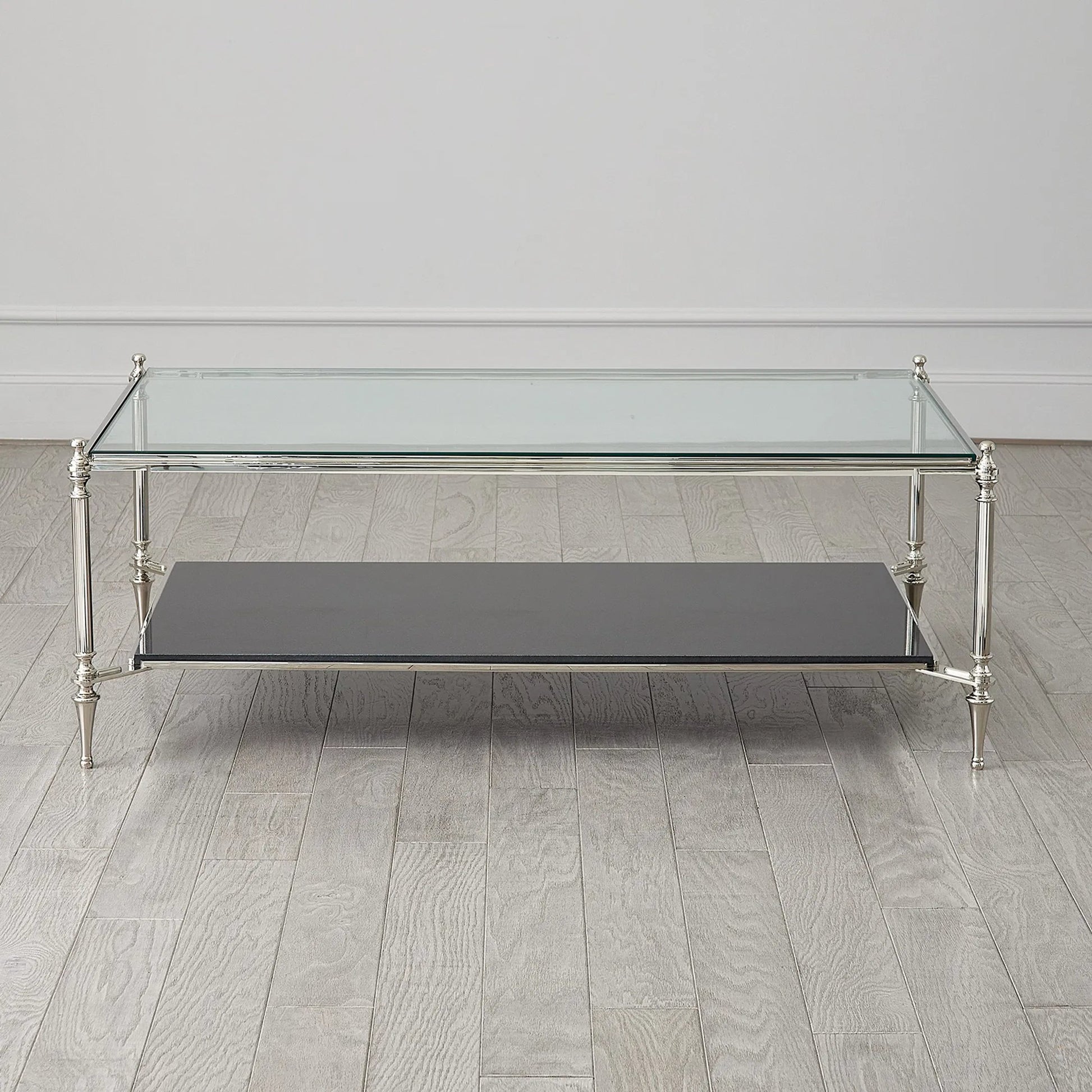 Medford Cocktail Table by Global Views in nickel. Made from brass, iron, stainless steel, glass, granite in a unique style.